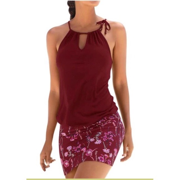 Dresses & Skirts - Burgundy Retro Halter Print Mini Dress